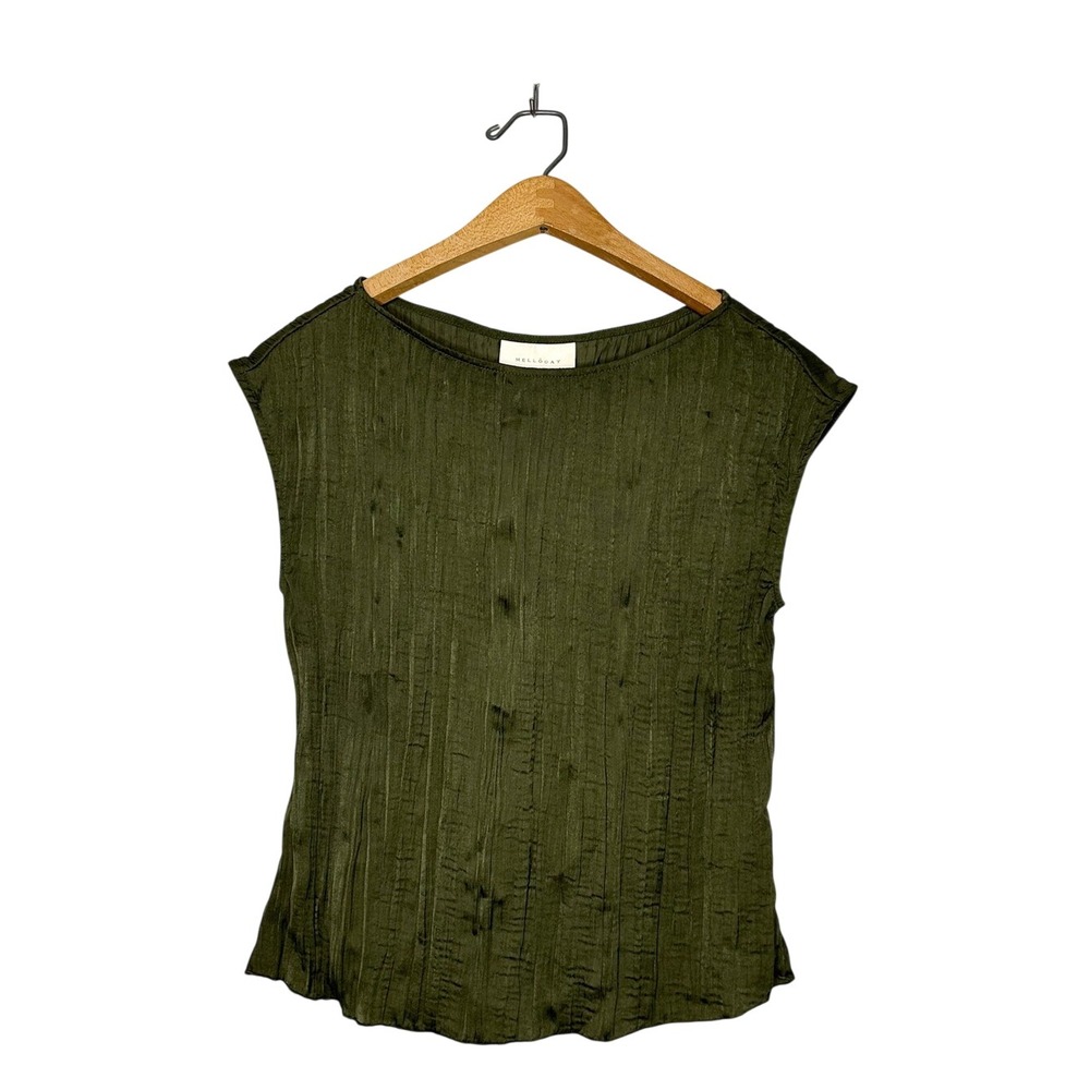 Melloday Nordstrom Womens Olive Green Crinkle Fabric Cap Sleeve Blouse Small S